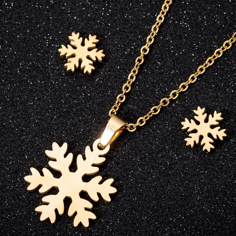 Minimalistische Roestvrijstalen Sneeuwvlok Sieradenset Voor Dames Sneeuwvlok Hanger Ketting Oorknopjes Goud Zilver Sieradenset