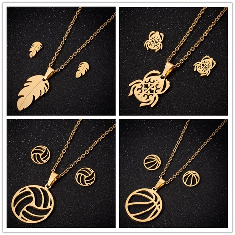 Stainless Steel Jewelry Set With Basketball Volleyball Scarab Leaf Hollow Out Pendant Necklace Matching Stud Earrings For Women