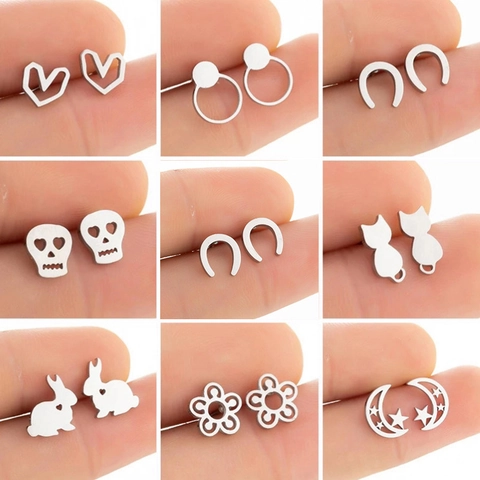 Minimalistische Edelstahl Ohrstecker Für Damen Geometrisch Rund Herz Mond Stern Tier Katze Hase Hohler Ohrschmuck Geschenk