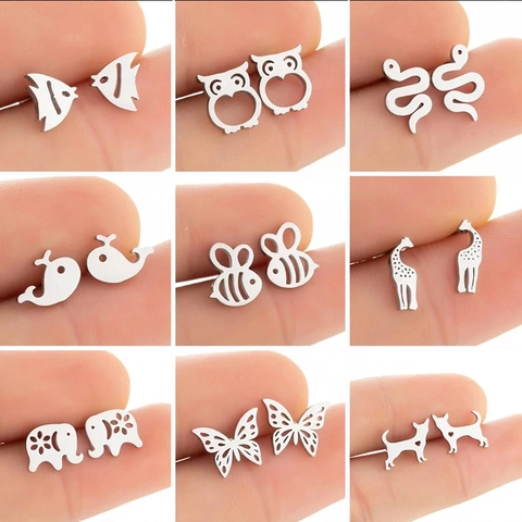 Minimalist Stainless Steel Animal Stud Earrings For Women Cute Owl Cat Dog Bee Snake Elephant Giraffe Whale Jewelry