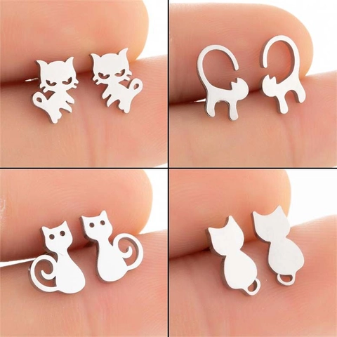 Minimalist Stainless Steel Cat Stud Earrings Cute Animal Silhouette Earrings For Women Fashion Jewelry Gift