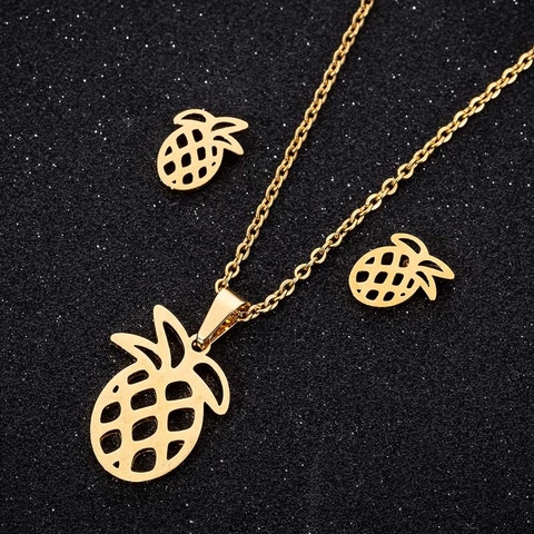 Stainless Steel Pineapple Jewelry Set Hollow Pineapple Pendant Necklace Stud Earrings Tropical Fruit Jewelry For Women