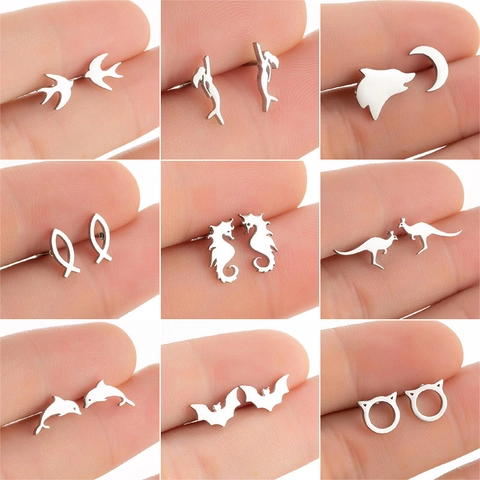 Stainless Steel Animal Stud Earrings For Women Mermaid Dolphin Swallow Kangaroo Bat Cat Reindeer Snowflake Moon Jewelry