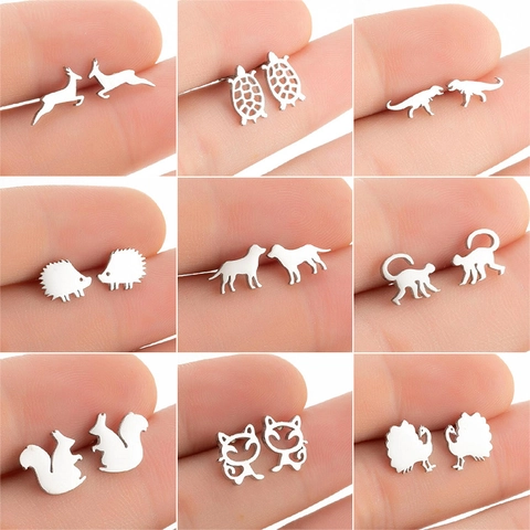 Minimalist Stainless Steel Animal Stud Earrings For Women Small Cat Dog Dinosaur Monkey Hedgehog Small Animal Earrings