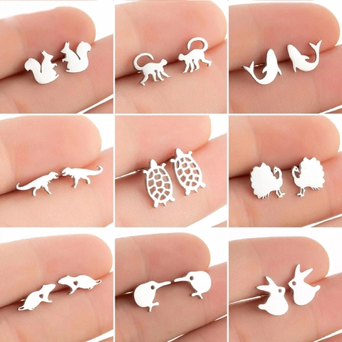 Minimalist Stainless Steel Animal Stud Earrings For Women Gold Silver Rose Gold Black Peacock Cat Dog Monkey Jewelry Gift