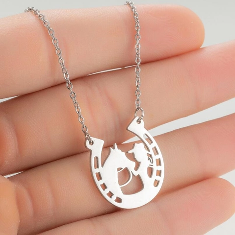 Horseshoe Pendant Necklace Stainless Steel Hollow Horse Rider Silhouette Western Cowboy Style Lucky Jewelry For Women