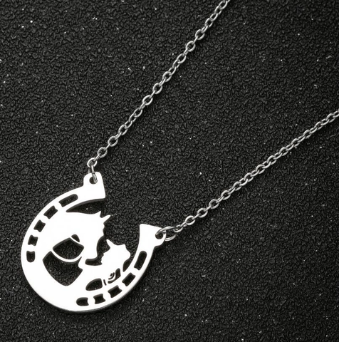 Horseshoe Pendant Necklace Stainless Steel Hollow Horse Rider Silhouette Western Cowboy Style Lucky Jewelry For Women