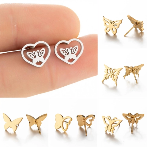Vintage Edelstahl Schmetterling Herz Ohrstecker Für Damen Süße Ausgehöhlte Kleine Tier Gold Silber Roségold Schwarz Schmuck