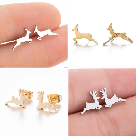 Boucles d'Oreilles Clous Renne en Acier Inoxydable Minimaliste pour Femmes Motif de Cerf Courant Bijoux de Noël Cadeau