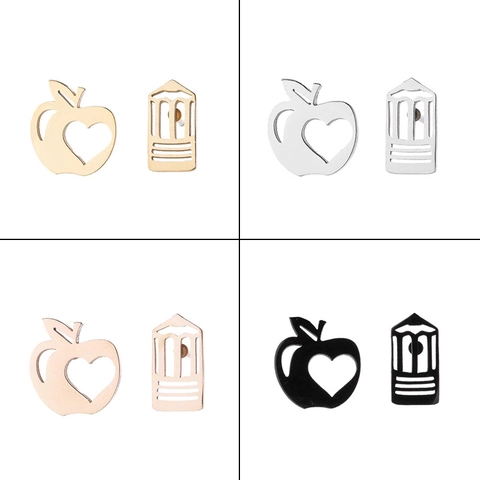 Stainless Steel Asymmetrical Apple Heart Pencil Stud Earrings Electroplated Fashion Jewelry Gift For Women School Theme