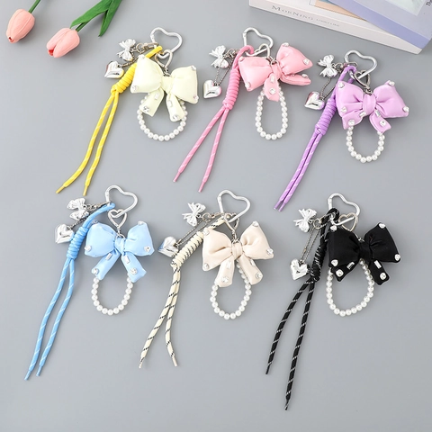 Süßer Schleifen Taschenanhänger Für Damen Künstliche Perle Herz Anhänger Strass Satinband Gewebtes Seil Mode Taschenzubehör
