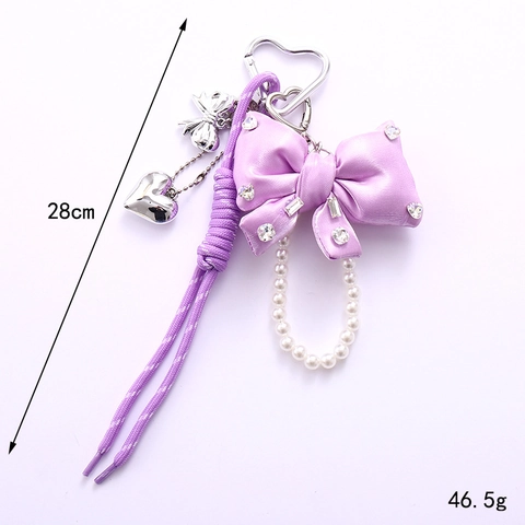 Portachiavi con Fiocco di Strass Ciondolo per Borsa con Perla Artificial e Cuore Cinturino in Nylon Intrecciato Gioielli Regalo Donna
