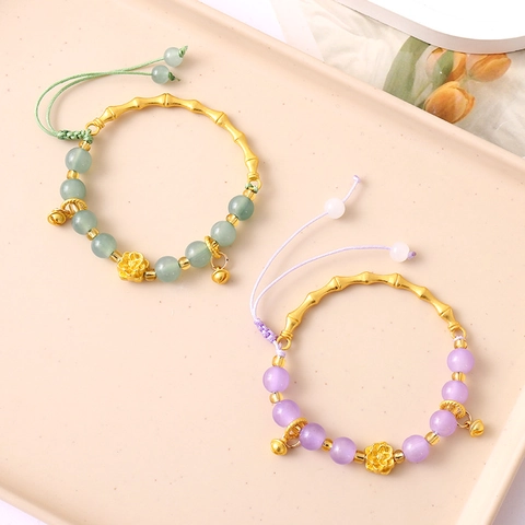 Bracelet de Perles Nœud de Bambou Lotus Style Chinois pour Femmes Rétro Réglable Verre Coloré Alliage Bijoux Cadeau