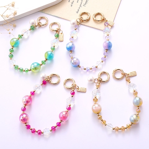 Handmade Iridescent Beaded Heart Phone Charm Artificial Pearl Flower Bag Pendant Keychain For Women Fashion Gift Accessory