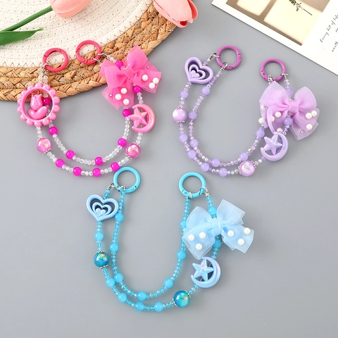Porte-clés Double Chaîne en Acrylique Fait Main avec Nœud Papillon Cœur Étoile Lune Breloque de Téléphone Bijou de Sac Femme