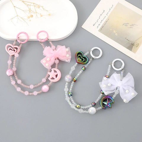 Porte-clés Double Chaîne en Acrylique Fait Main avec Nœud Papillon Cœur Étoile Lune Breloque de Téléphone Bijou de Sac Femme