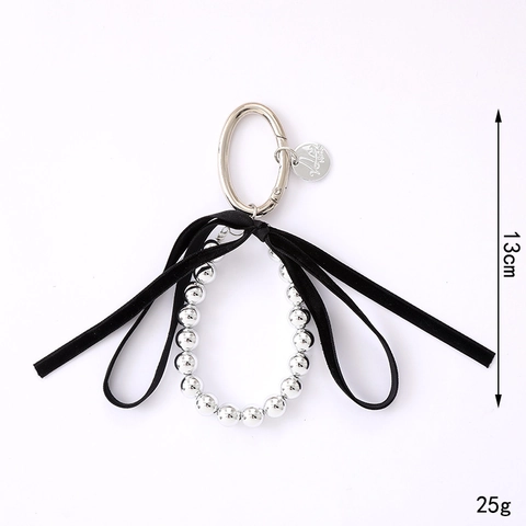 Französischer Stil Silber Metallic Perlen Schleife Schlüsselanhänger Für Damen Eleganter Samt Bogen Tasche Anhänger Handy Deko Zubehör