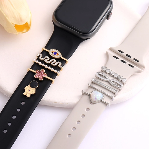 Alloy Rhinestone Artificial Pearl Watch Strap Charms Decorative Ring Stud Kit For Silicone Band Smartwatch Jewelry Ornament Women