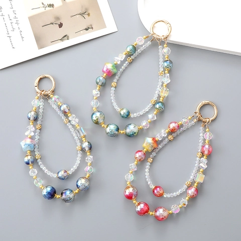 Fashion Double Layer Beaded Keychain Star Galaxy Bead Bag Charm Phone Strap For Women Alloy Metal Spring Ring Jewelry