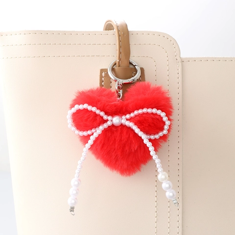 Sweet Plush Heart Keychain With Artificial Pearl Bow Pendant Creative Bag Ornament Mobile Phone Chain For Women Girls Accessory