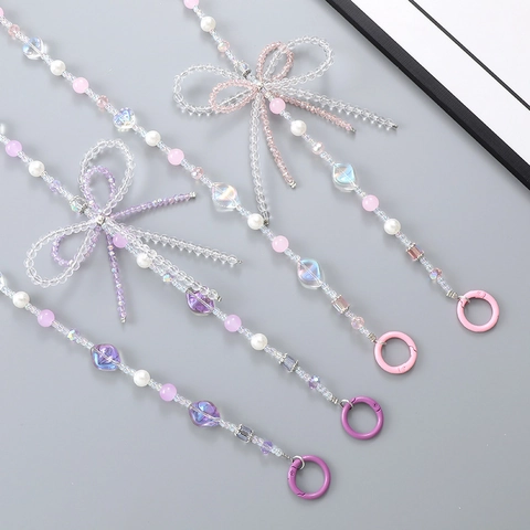 Handmade Beaded Crossbody Phone Lanyard Bag Charm Accessory For Women Sweet Acrylic Artificial Pearl Bow Knot Replacement Chain Strap