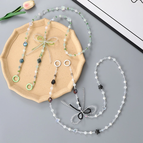 Handmade Beaded Crossbody Phone Lanyard Bag Charm Accessory For Women Sweet Acrylic Artificial Pearl Bow Knot Replacement Chain Strap