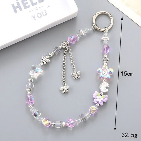 Llavero de Oso con Cuentas de Acrílico Colgante Corazón Estrella Luna Pulsera Hecha a Mano Amuleto para Teléfono Anti-Perdida