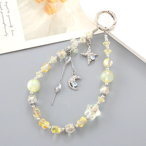Handmade Beaded Star Moon Phone Charm Wrist Strap Women Dreamy Irregular Beads Keychain Bag Pendant Anti-loss Accessory
