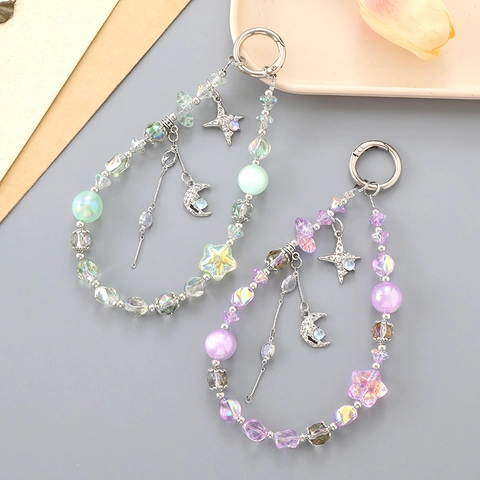 Handmade Beaded Star Moon Keychain Pendant Fashion Bag Charm Phone Strap For Women Plastic Beads Alloy Rhinestone Dreamy Accessory
