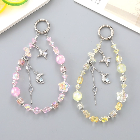 Handmade Beaded Star Moon Keychain Pendant Fashion Bag Charm Phone Strap For Women Plastic Beads Alloy Rhinestone Dreamy Accessory