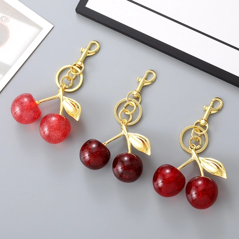 Creative Cherry Resin Keychain For Women Personalized Bag Charm Gold Metal Fruit Pendant Keyring Accessories Gift