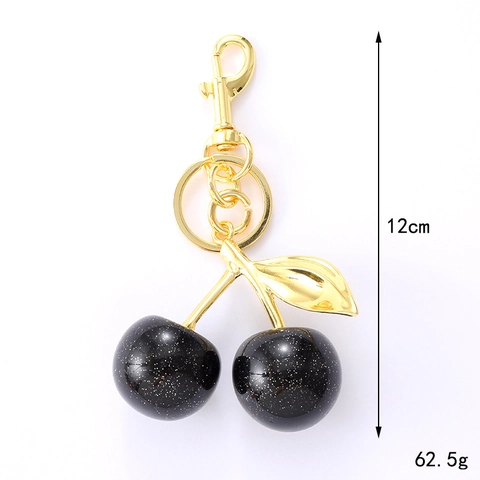 Crystal Cherry Keychain Pendant With Gold Alloy Leaf Glitter Resin Fruit Bag Charm For Women Versatile Fashion Key Ring