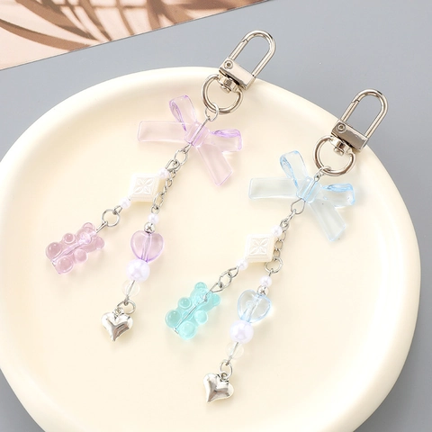 Llavero de Oso Transparente Color Caramelo con Lazo y Corazón Lindo Acrílico Abalorios Hechos a Mano Colgante de Bolso Regalo