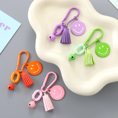 Korean Style Candy Color Cute Smile Face Keychain With Tassel And Bell Creative Backpack Hanging Ornament Accessory Gift For Women Men