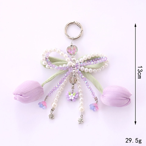 Zoete Tulp Bloem Strik Kralen Sleutelhanger Handgemaakte Satijnen Lint Kunstparel Tas Hanger Esthetische Accessoires Voor Vrouwen