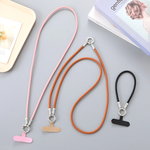 Braided PU Leather Phone Lanyard Crossbody Neck Strap With Rhinestone Ring Multifunctional Anti Lost Mobile Phone Chain For Women