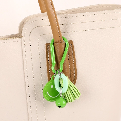 Fashion Metal Smiley Face Keychain With Colorful Tassel And Bell Candy Color Bag Charm For Women Phone Strap Pendant