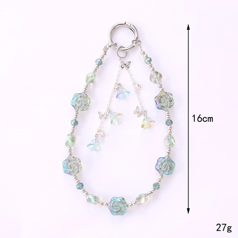 Korean Style Pearlescent Rose Flower Beaded Mobile Phone Strap Bag Charm Handmade Flower Butterfly Pendant Keychain For Women Accessories