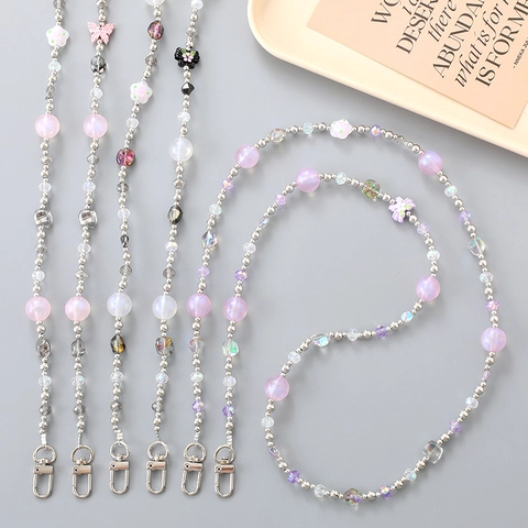Handgemaakte Kralen Vlinder Bloem Telefoon Lanyard Crossbody Tas Ketting Anti-Verlies Strap Acryl Kralen Charm Sleutelhanger Voor Vrouwen