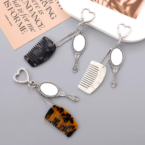Vintage Acetat Mini Kamm Und Spiegel Schlüsselanhänger Für Damen Exquisite Marmor Textur Taschenanhänger Herz Schnalle Geschenk