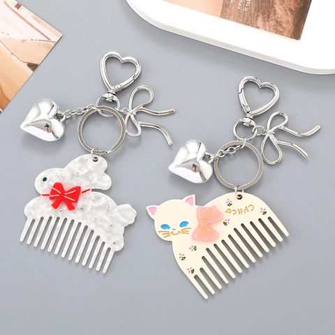 Cute Kitten Rabbit Acetate Comb Keychain For Women Heart Carabiner Rhinestone Bowknot High End Bag Pendant Decorative Keyring