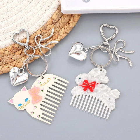 Dolce Portachiavi a Pettine in Acetato a Forma di Gatto e Coniglio Con Fiocco e Cuore Charm per Borsa Donna Ragazza Accessori