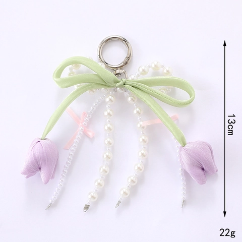 Süßer Tulpen-Schleifen-Anhänger Mit Künstlichen Perlen Schlüsselanhänger Für Damen Frisch Stil Taschenanhänger Satinband Deko