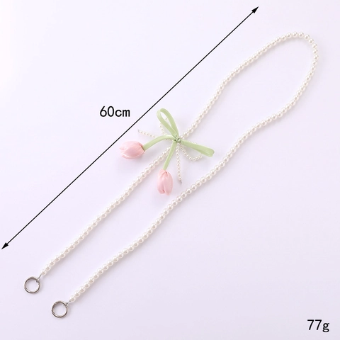 Women Tulip Artificial Pearl Crossbody Phone Lanyard Chain With Satin Bow Floral Decorative Mobile Phone Bag Strap Anti-lost Accessory