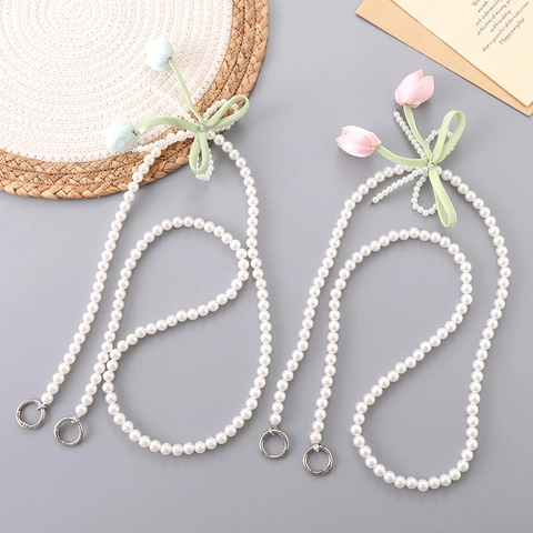 Women Tulip Artificial Pearl Crossbody Phone Lanyard Chain With Satin Bow Floral Decorative Mobile Phone Bag Strap Anti-lost Accessory
