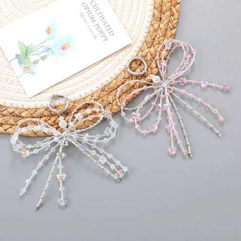 Handmade Beaded Bowknot Bag Charm Fashion Glass Colored Glaze Butterfly Phone Lanyard For Women Premium Hanging Ornament