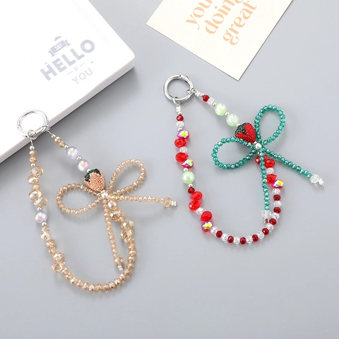 Handmade Beaded Strawberry Bow Phone Charm Rhinestone Plastic Alloy Bag Pendant Wrist Strap Accessory For Women Girls