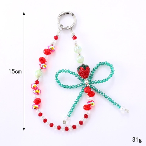 Handmade Beaded Strawberry Bow Phone Charm Rhinestone Plastic Alloy Bag Pendant Wrist Strap Accessory For Women Girls