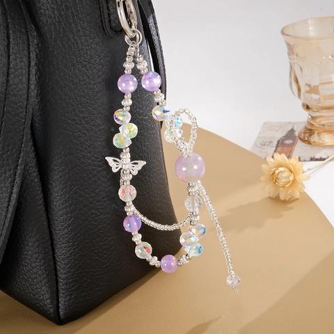 Elegant Alloy Butterfly Beaded Keychain Bag Charm For Women Handmade Plastic Resin Artificial Pearl Phone Case Decoration Gift