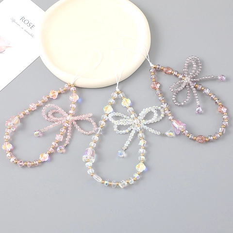 Fashion Artificial Crystal Handmade Beaded Phone Strap Bowknot Anti-lost Lanyard For Camera Bag Decoration Women Jewelry Accessory